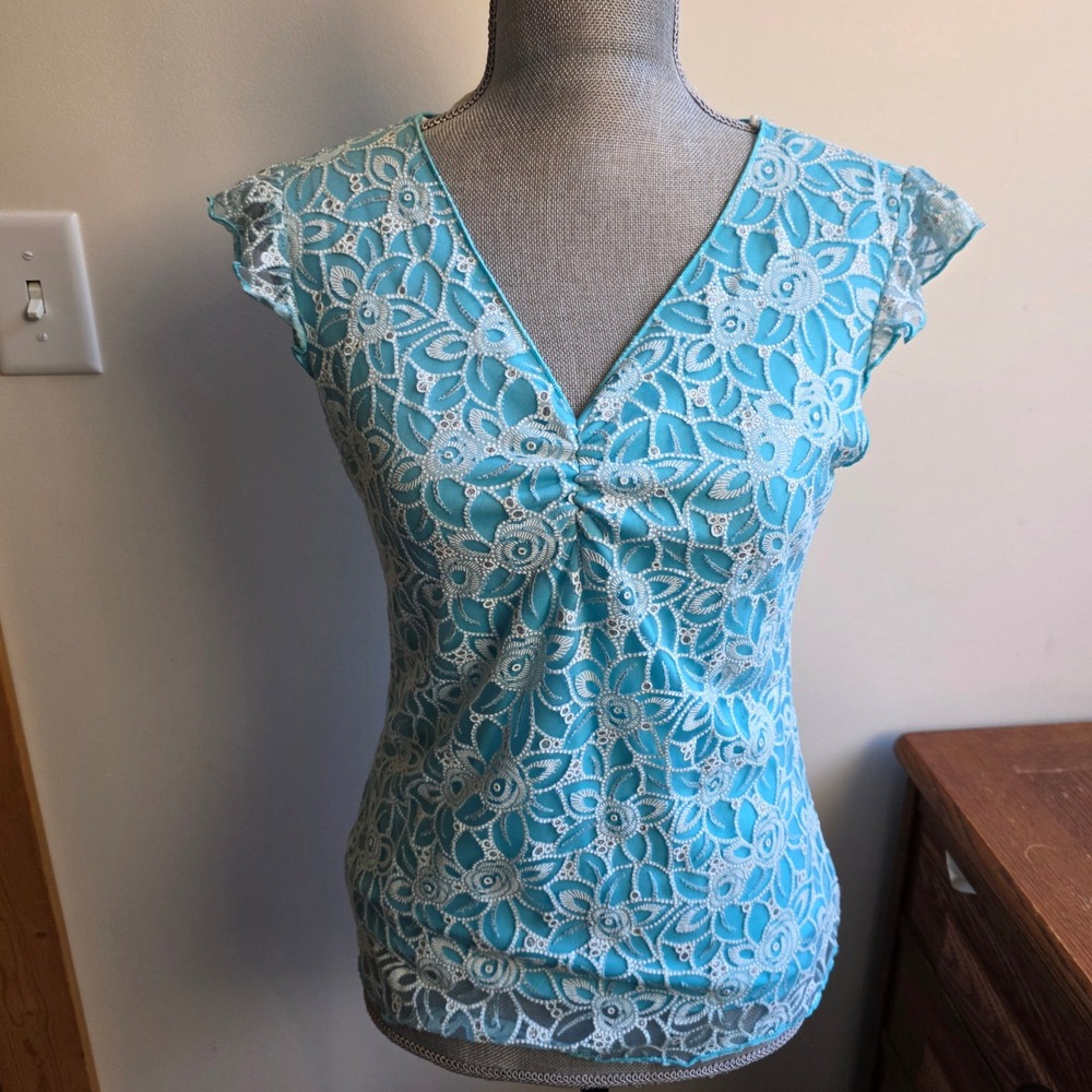 Wrapper Vintage Y2K Fairy Whimsy Turquoise Blue Floral Lace Glitter  XL